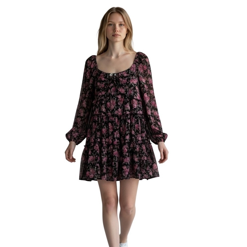 Francesca's Black Pink Floral Tiered Babydoll Mini Dress Large‎ Milkmaid